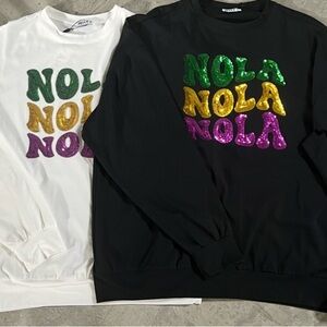Mardi Gras "Nola" Long Sleeve Sequin Tee- WHITE